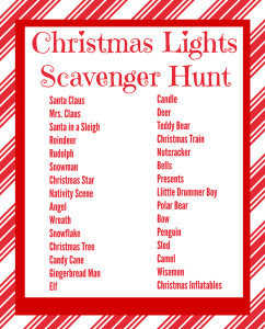 Play this Christmas lights scavenger hunt as you drive around and enjoy the Christmas lights with your family.