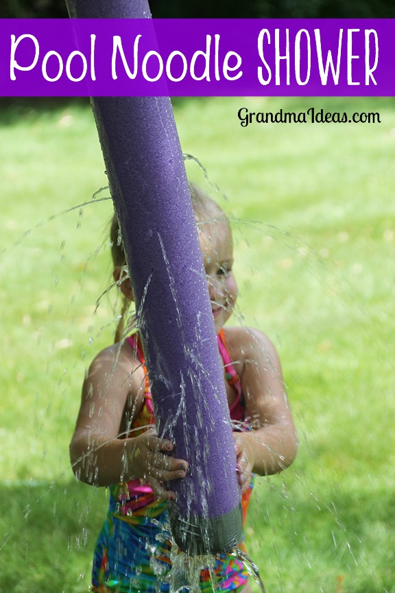 An easy to make pool noodle shower will entertain kids for a long time on a hot summer day.