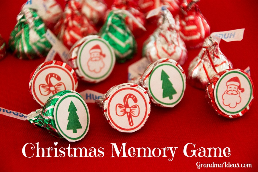 Free printable for this fun Christmas memory game uses Hershey's Kisses. Kids love playing the game -- and then eating the game pieces! 