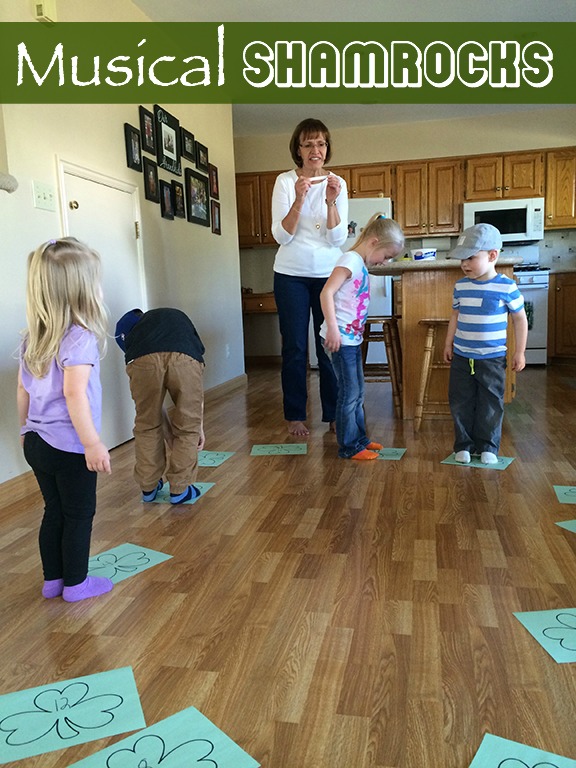 Musical shamrocks is a fun game to play at a St. Patrick's Day party with kids.